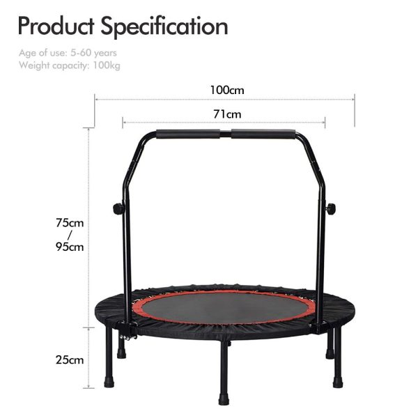 Foldable Fitness Bounce Exercise Trampoline with Adjustable Handle Bar 100cm - Image 3